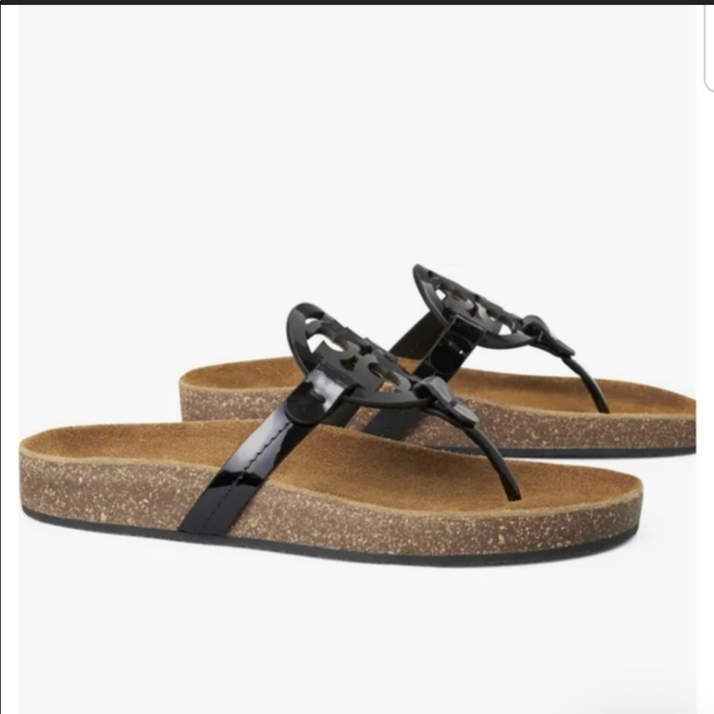 Tory Burch Miller Cloud Sandal Black Patent/Cork Size 38.5